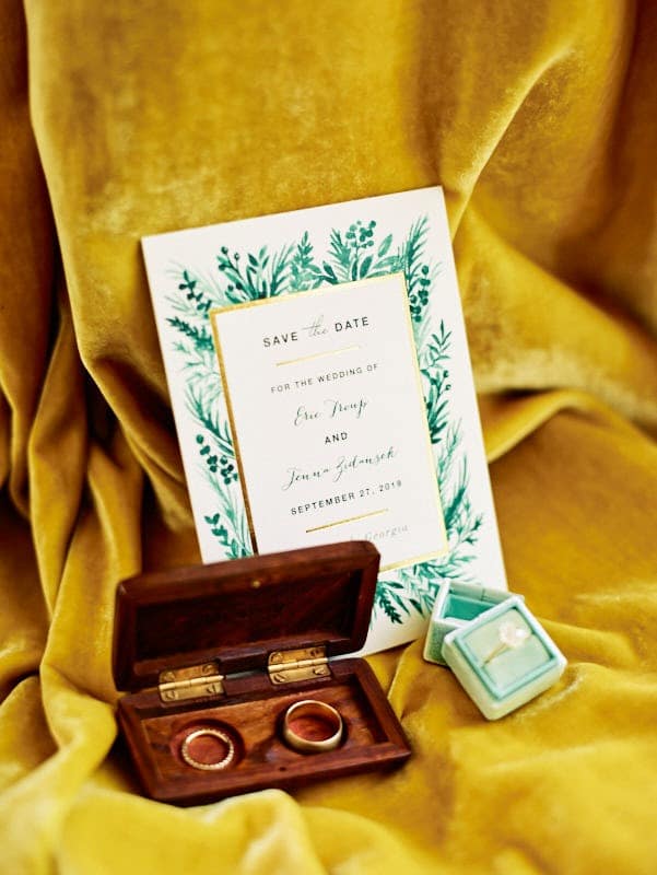 Wedding invitation with rings and jewelry box.