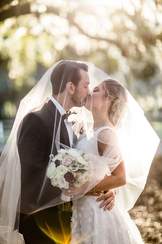 Bride and groom kissing under veil.